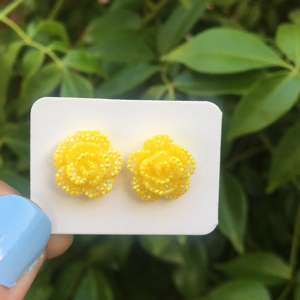 Iridescent Yellow Rose Flower Stud Earrings